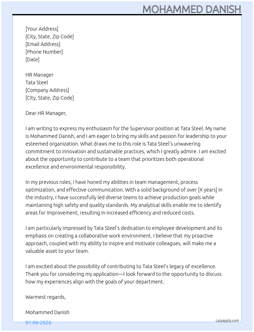 Supervisor At Tata steel Cover Letter