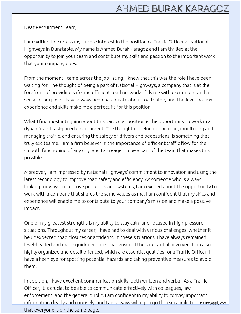 Traffic Officer At National Highways Cover Letter