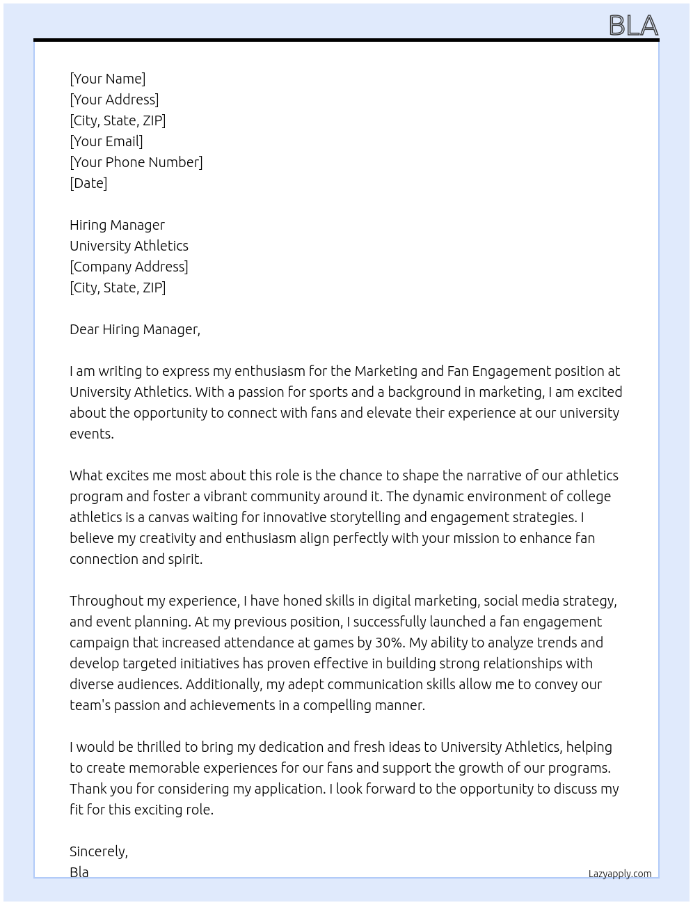 Marketing and fan engagement  At university Cover Letter