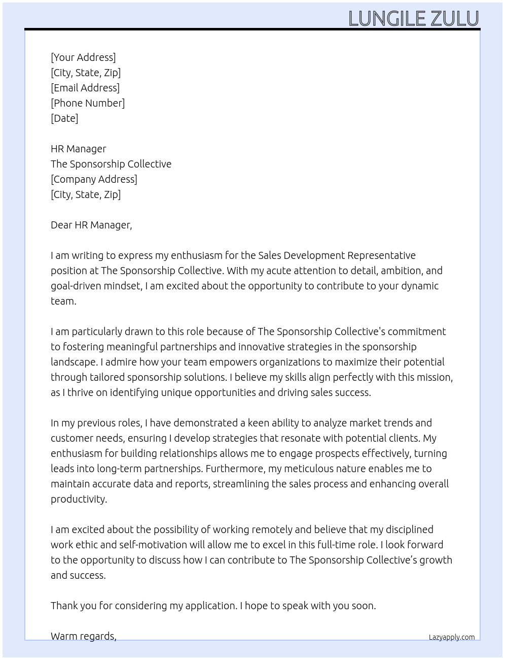 Cover letter for sales development representative - LazyApply