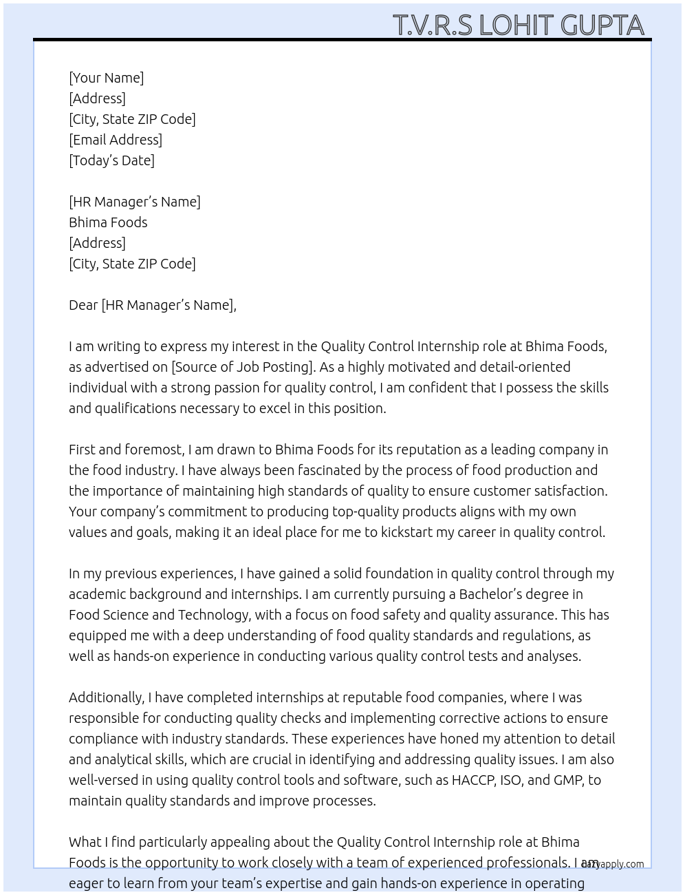 Quality control At Bhima foods Cover Letter