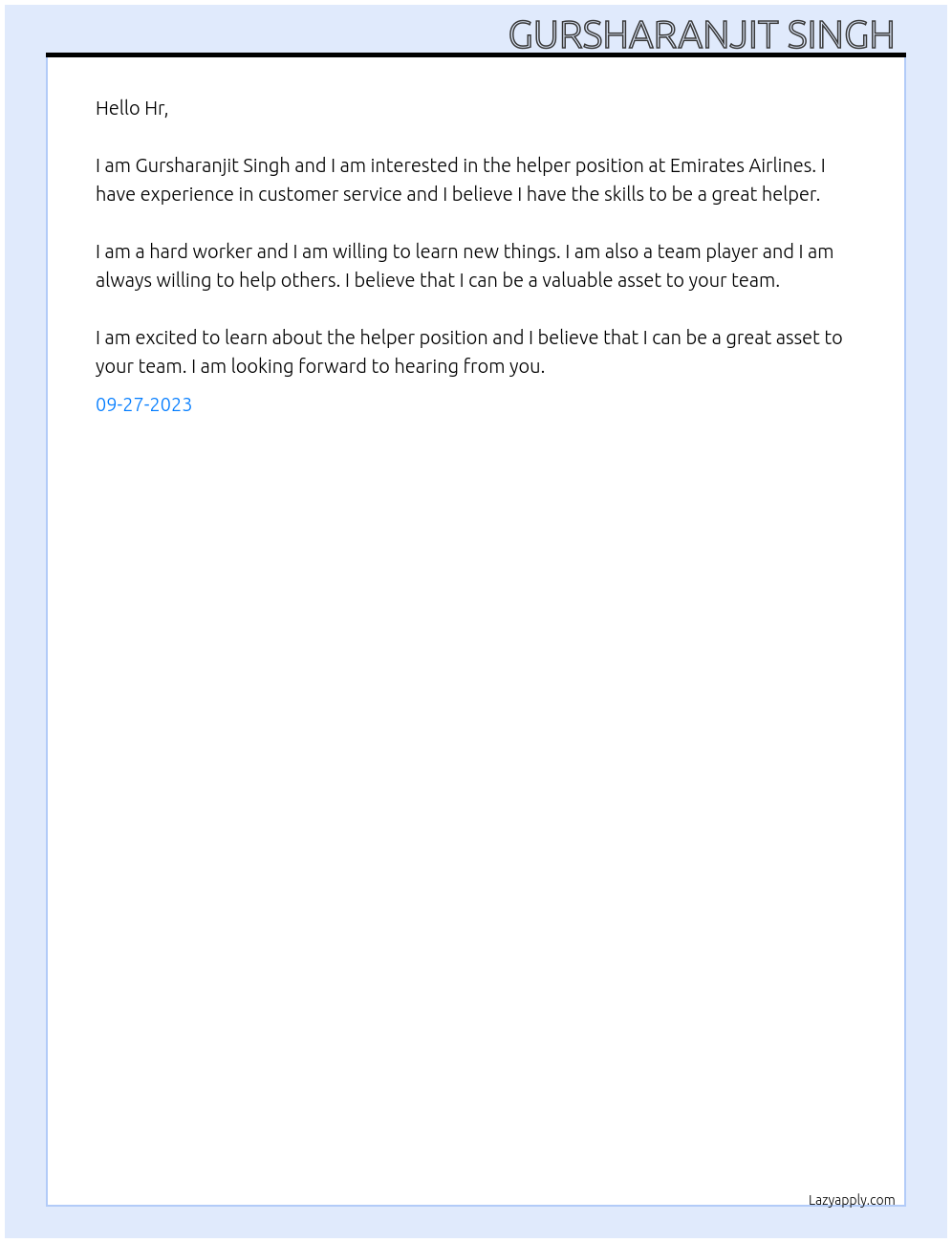 Helper At Emirates Airlines  Cover Letter