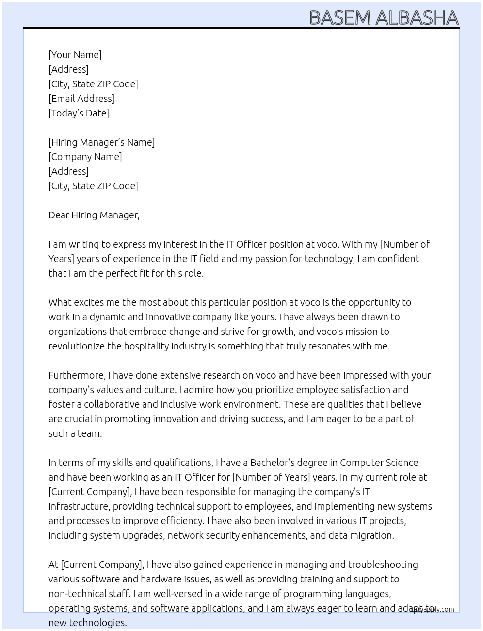 IT Officer At voco Cover Letter