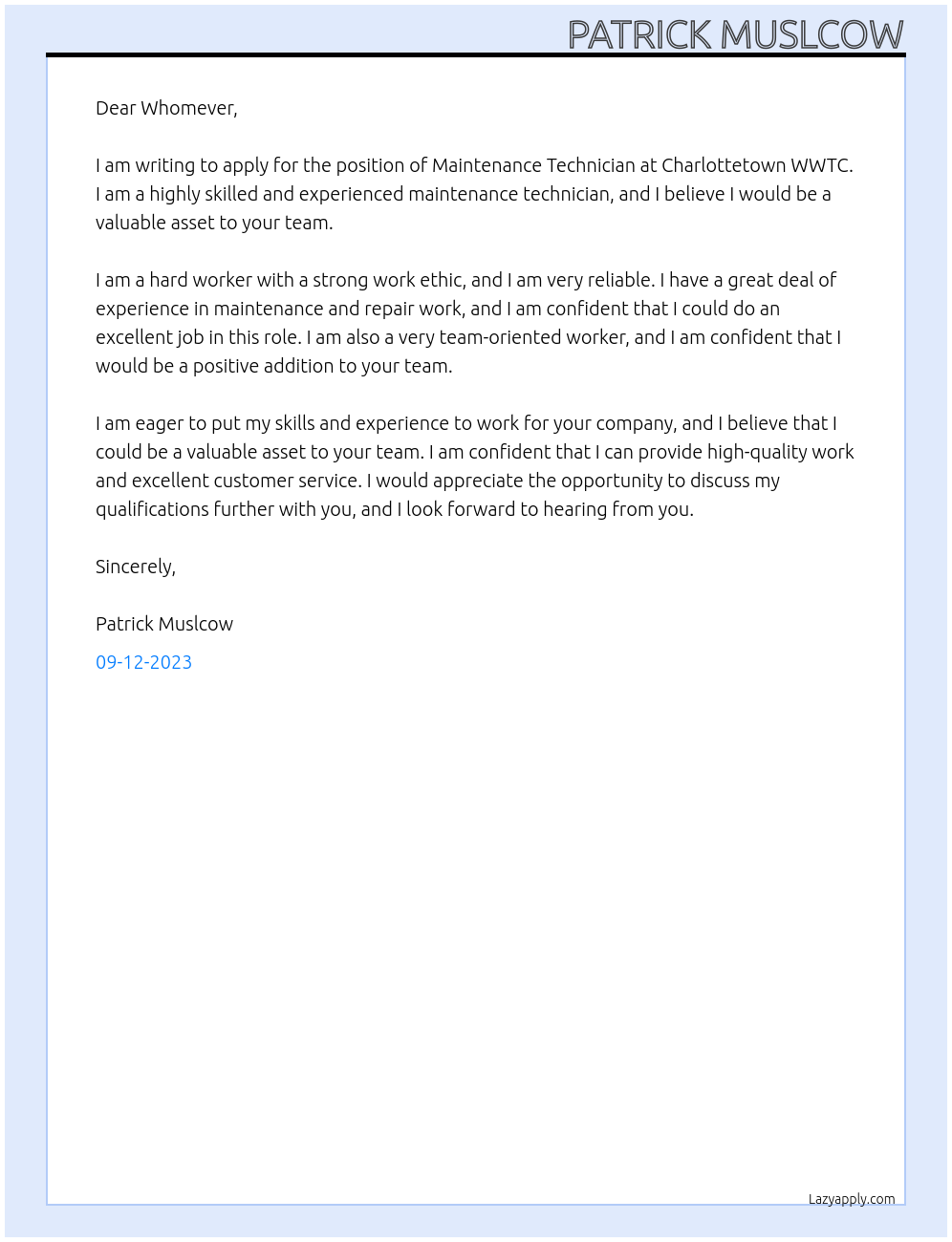 Maintenance technician At Charlottetown WWTC Cover Letter