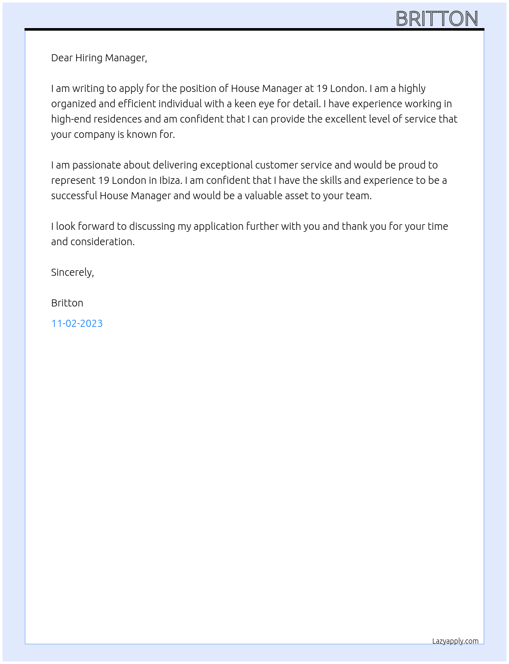 House manager  At 19 London Cover Letter