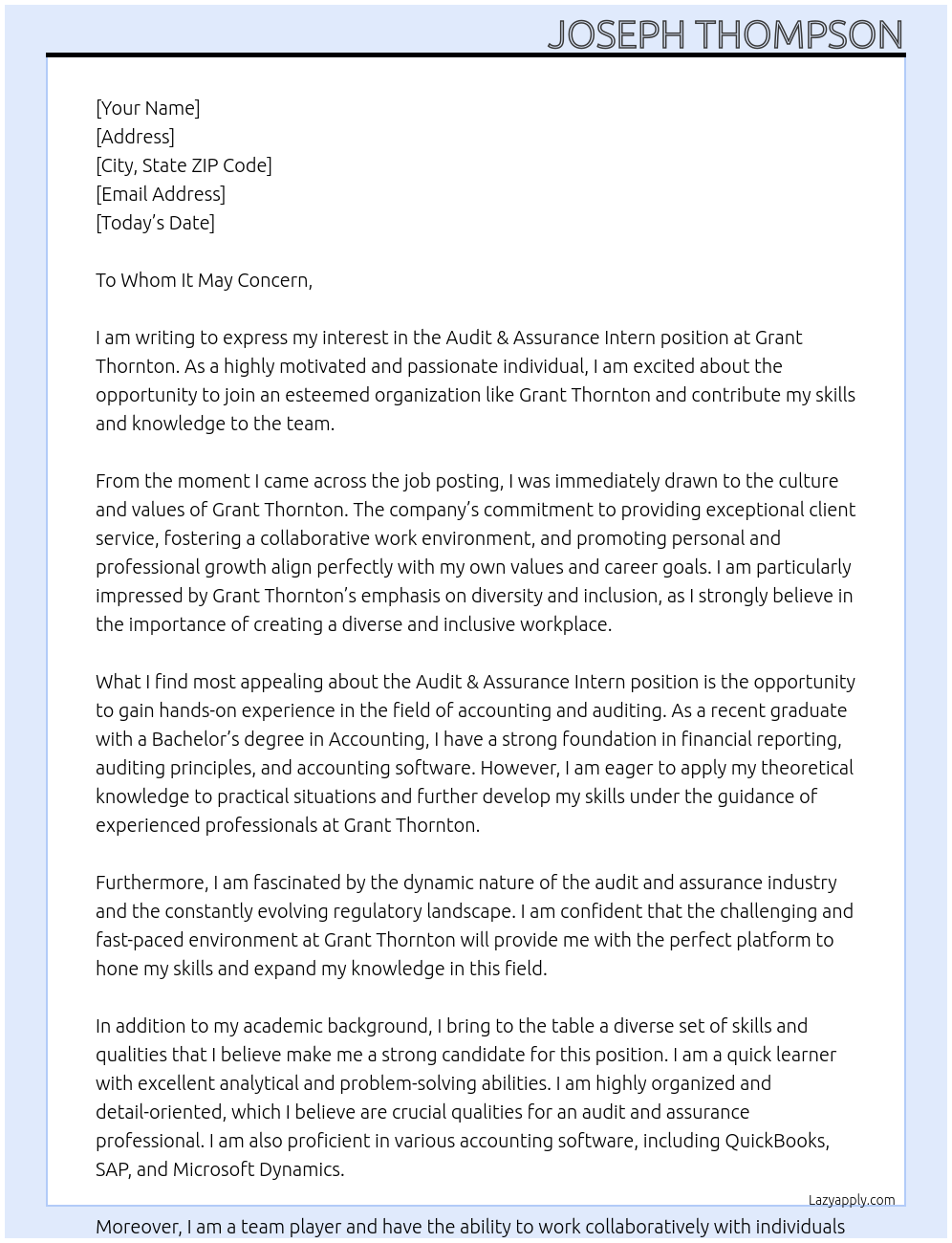 Audit & Assurance Intern At Grant Thornton Cover Letter