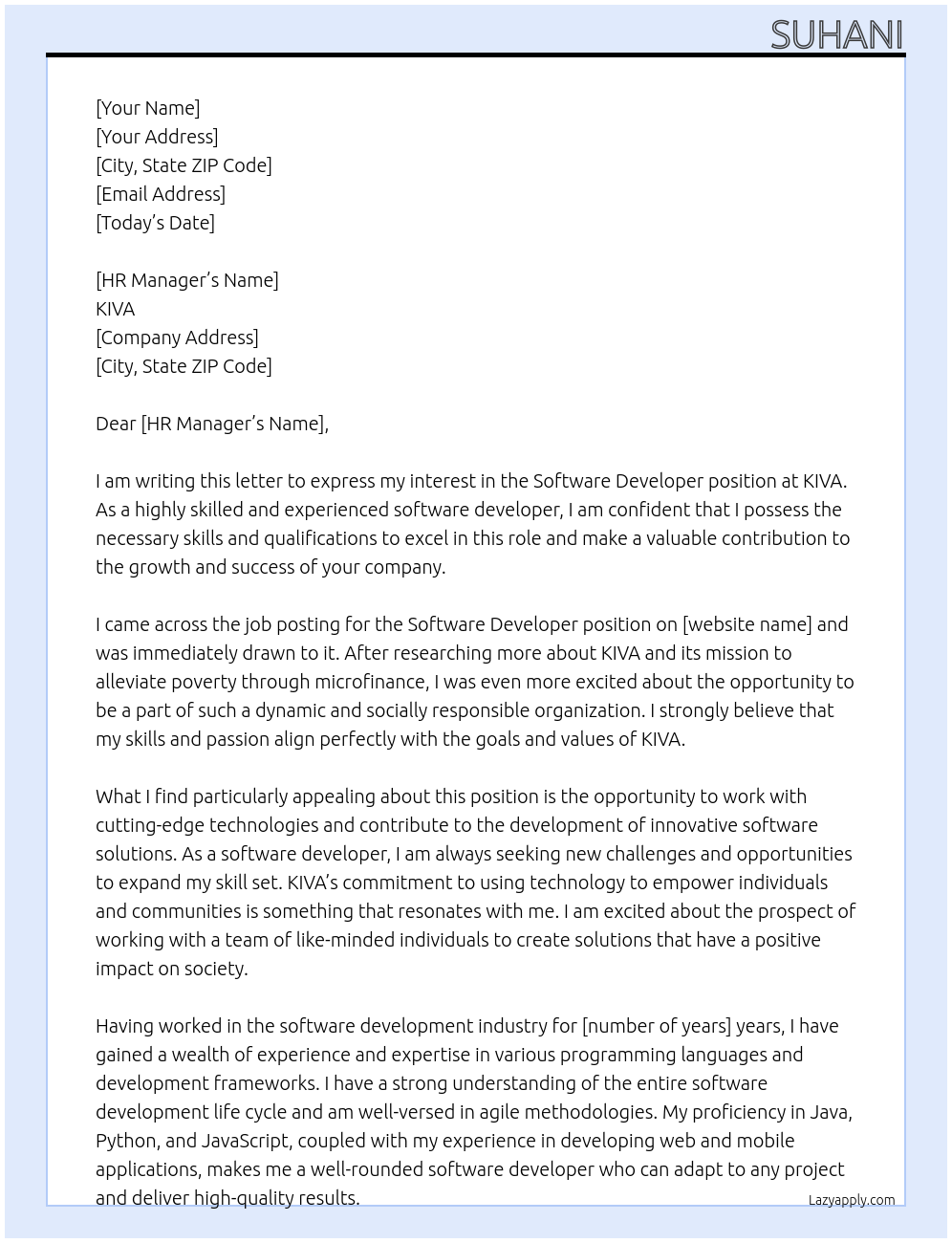 software developer At KIVA Cover Letter