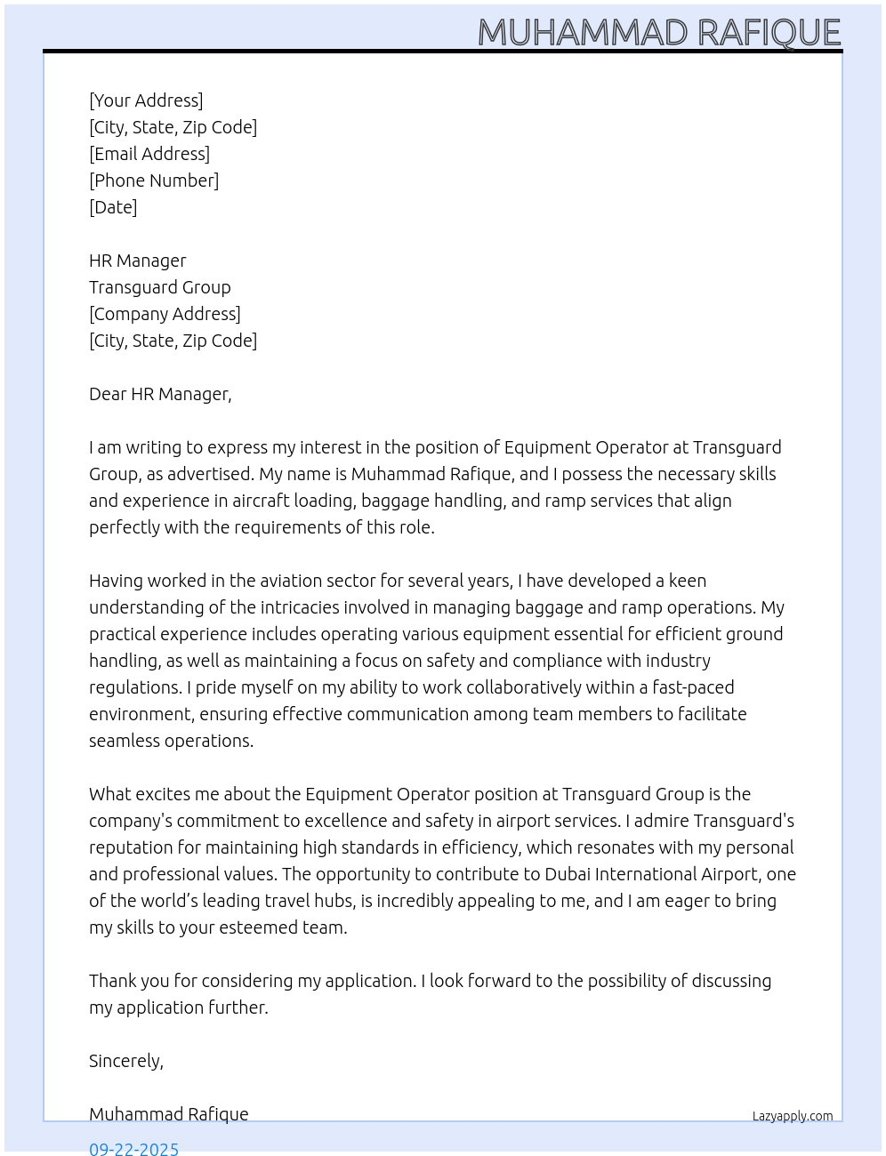 Equipment Operator At Transguard Guard Group Cover Letter