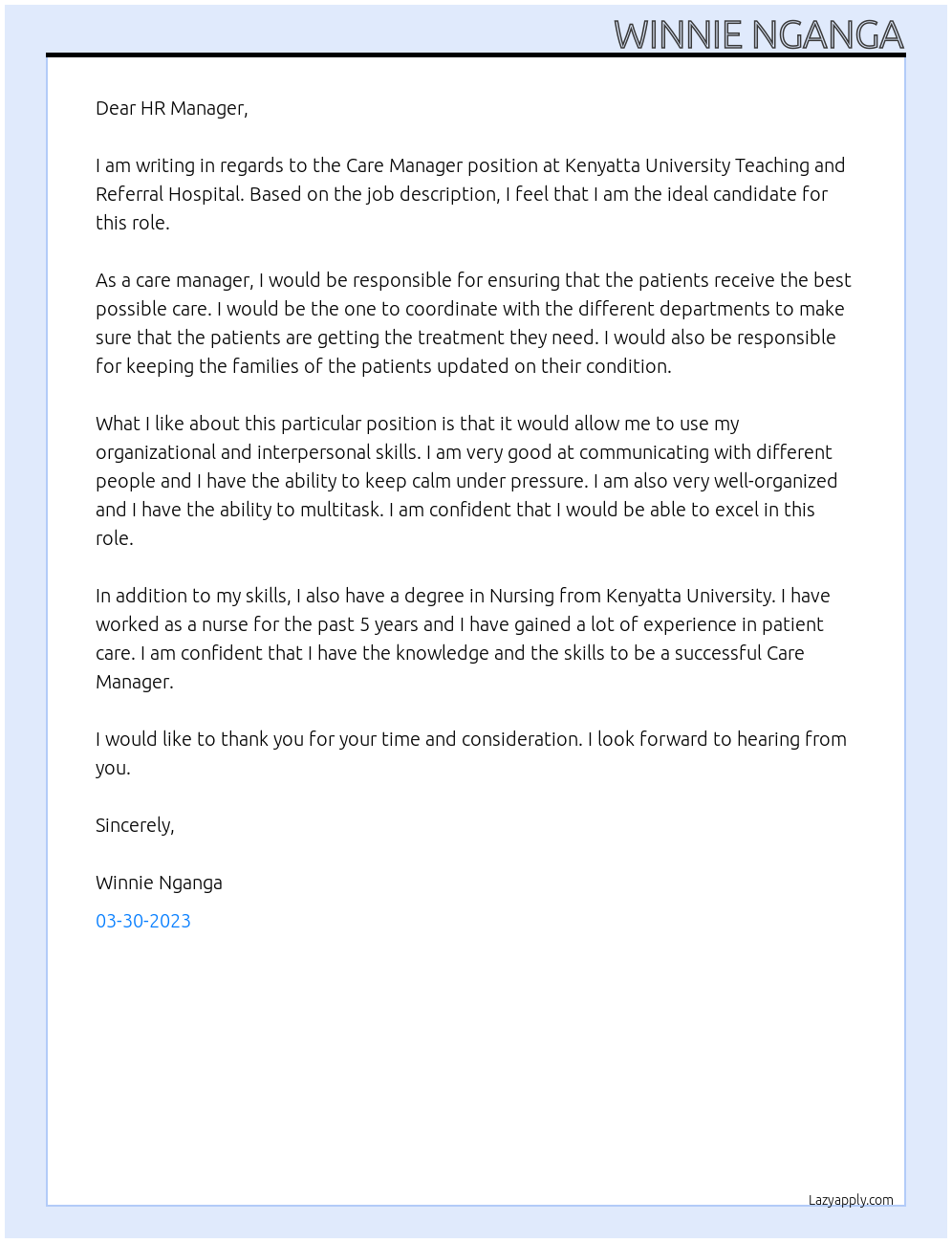 CARE MANAGER At KENYATTA UNIVERSITY TEACHING AND REFFERAL HOSPITAL Cover Letter