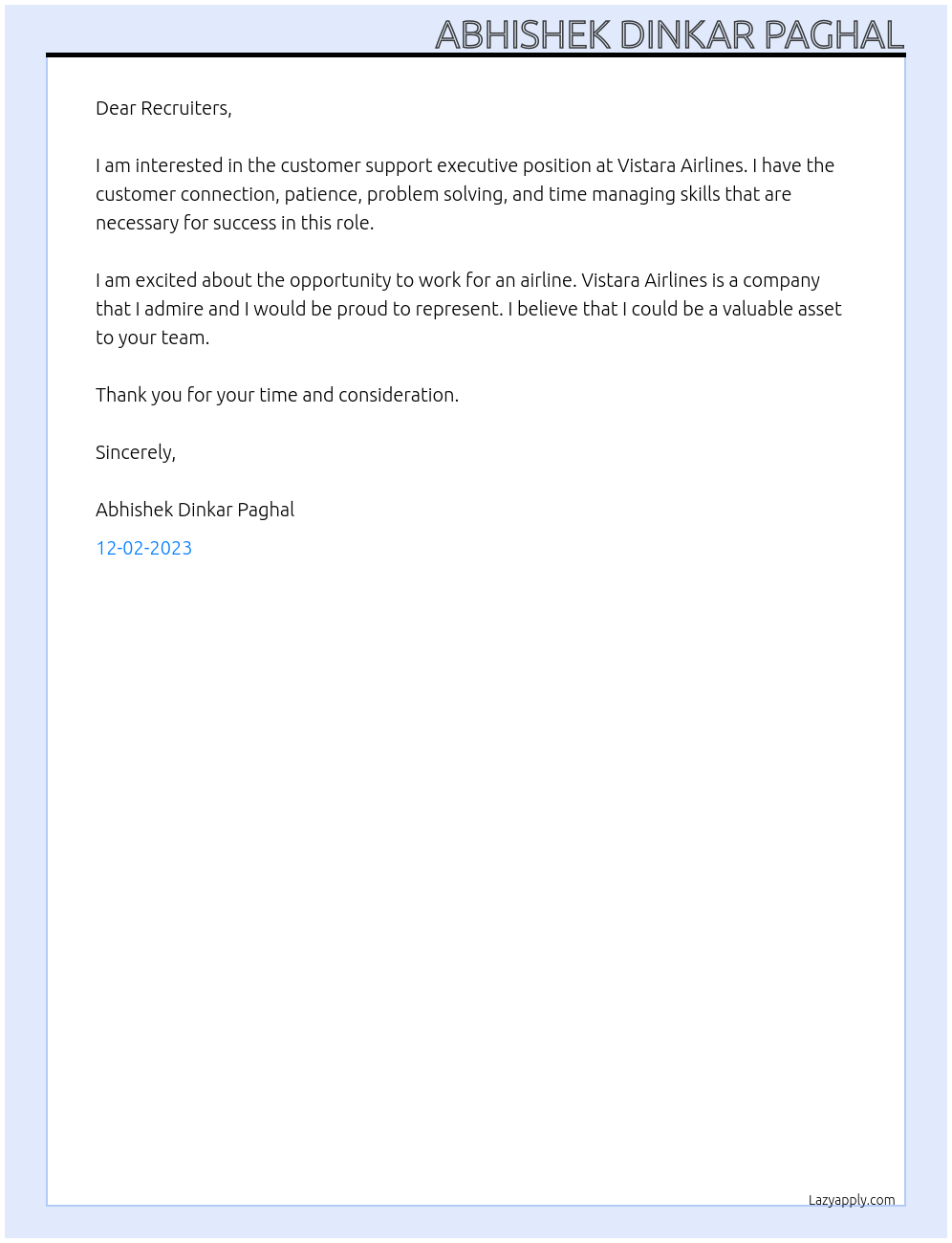 Customer support executive At Vistara Airlines Cover Letter