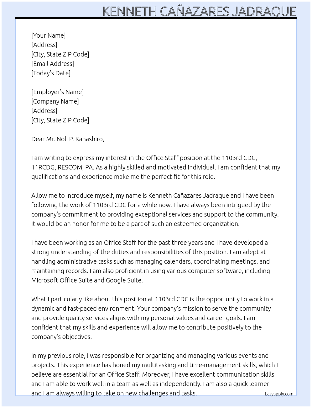 Office Staff At 1103rd CDC, 11RCDG, RESCOM, PA Cover Letter