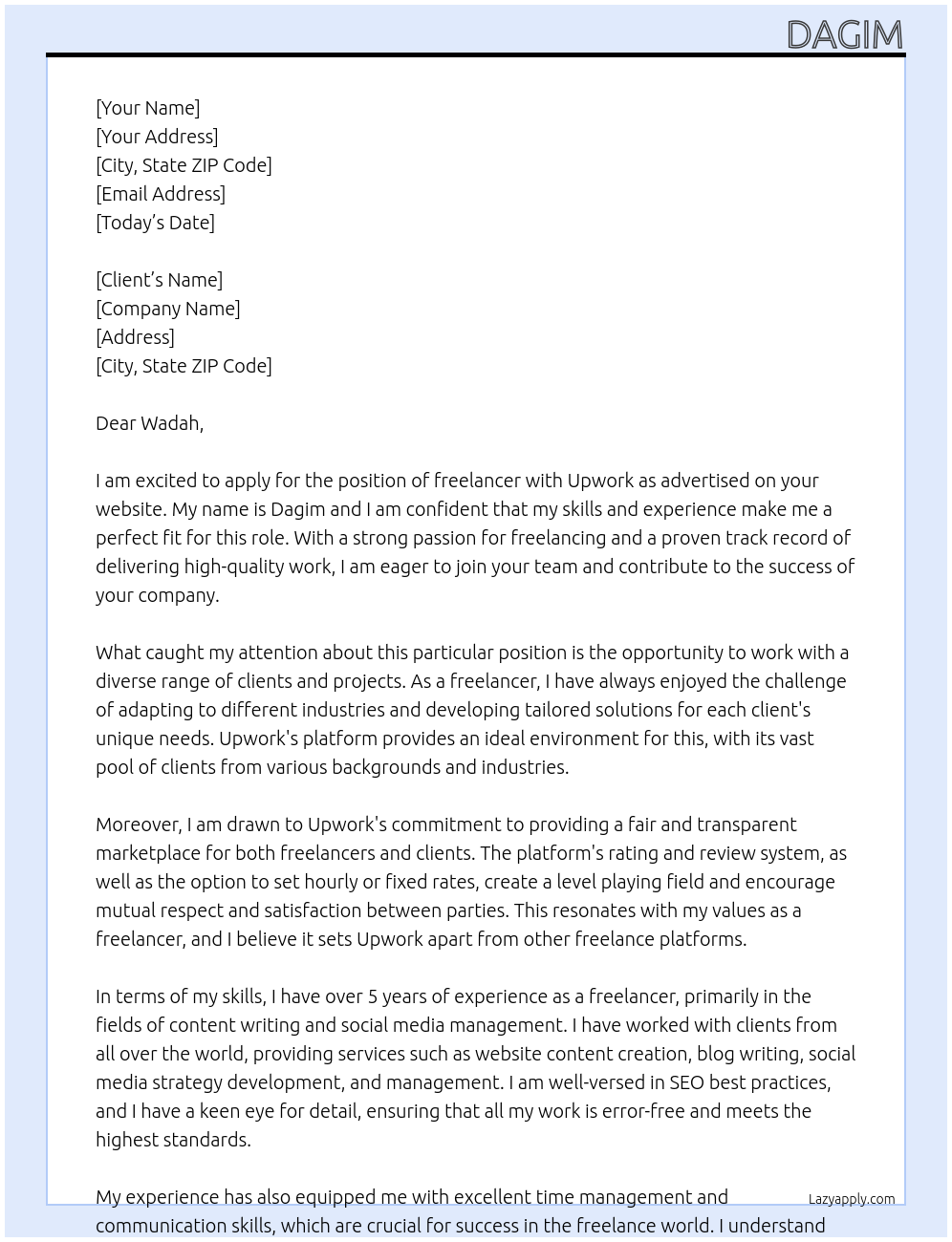 freelancer At upwork client Cover Letter