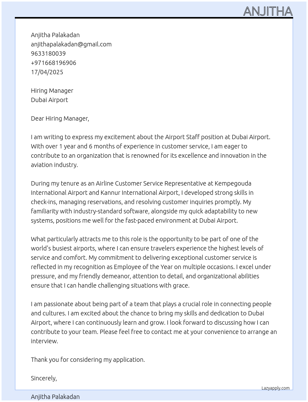 Airport staff At DUBAI AIRPORT  Cover Letter