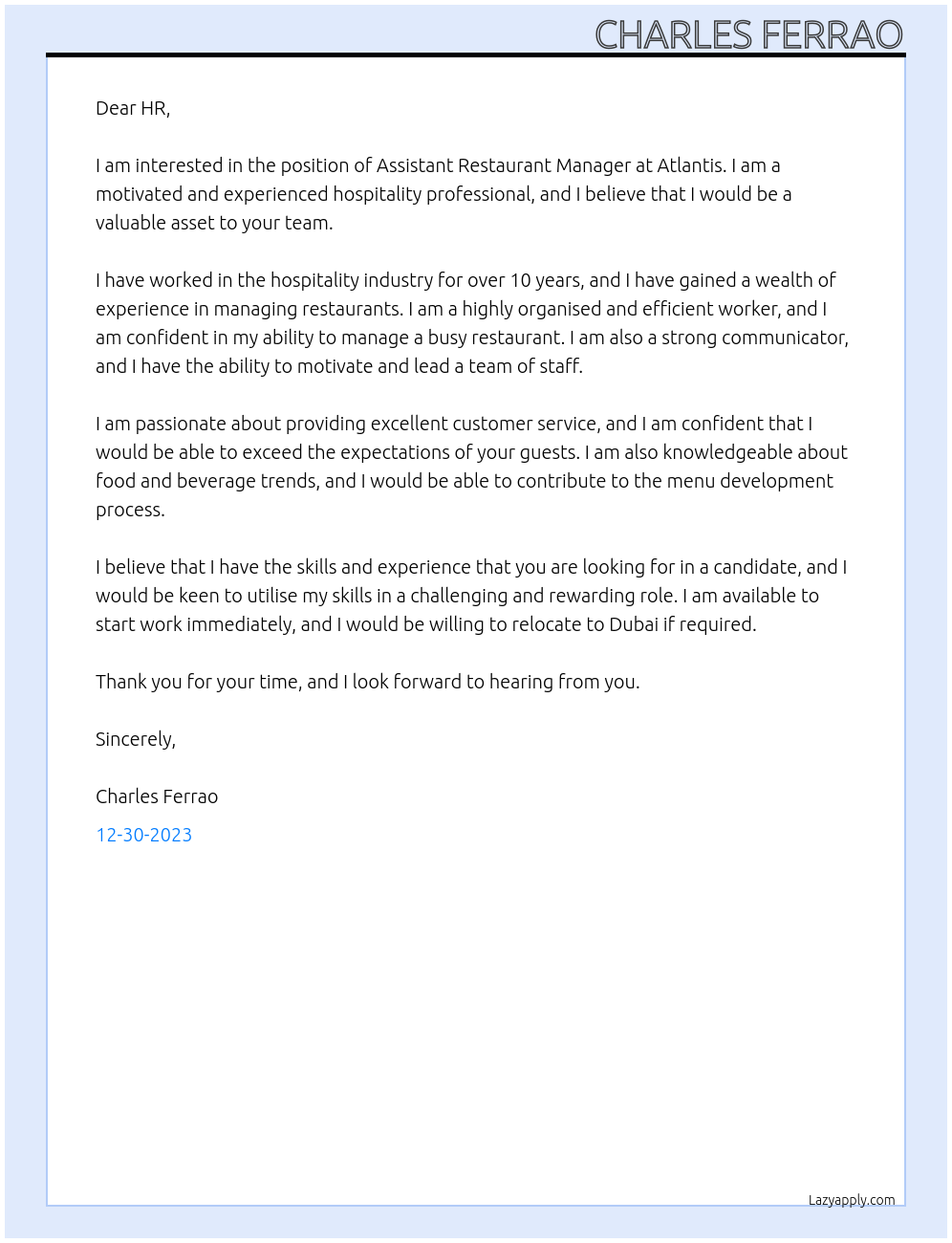 Assistant Restaurant Manager At Atlantis Cover Letter