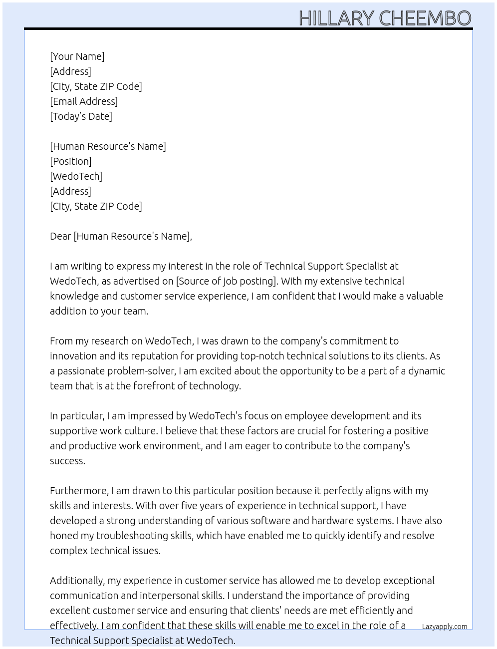 Technical Support Specialist At WedoTech Cover Letter