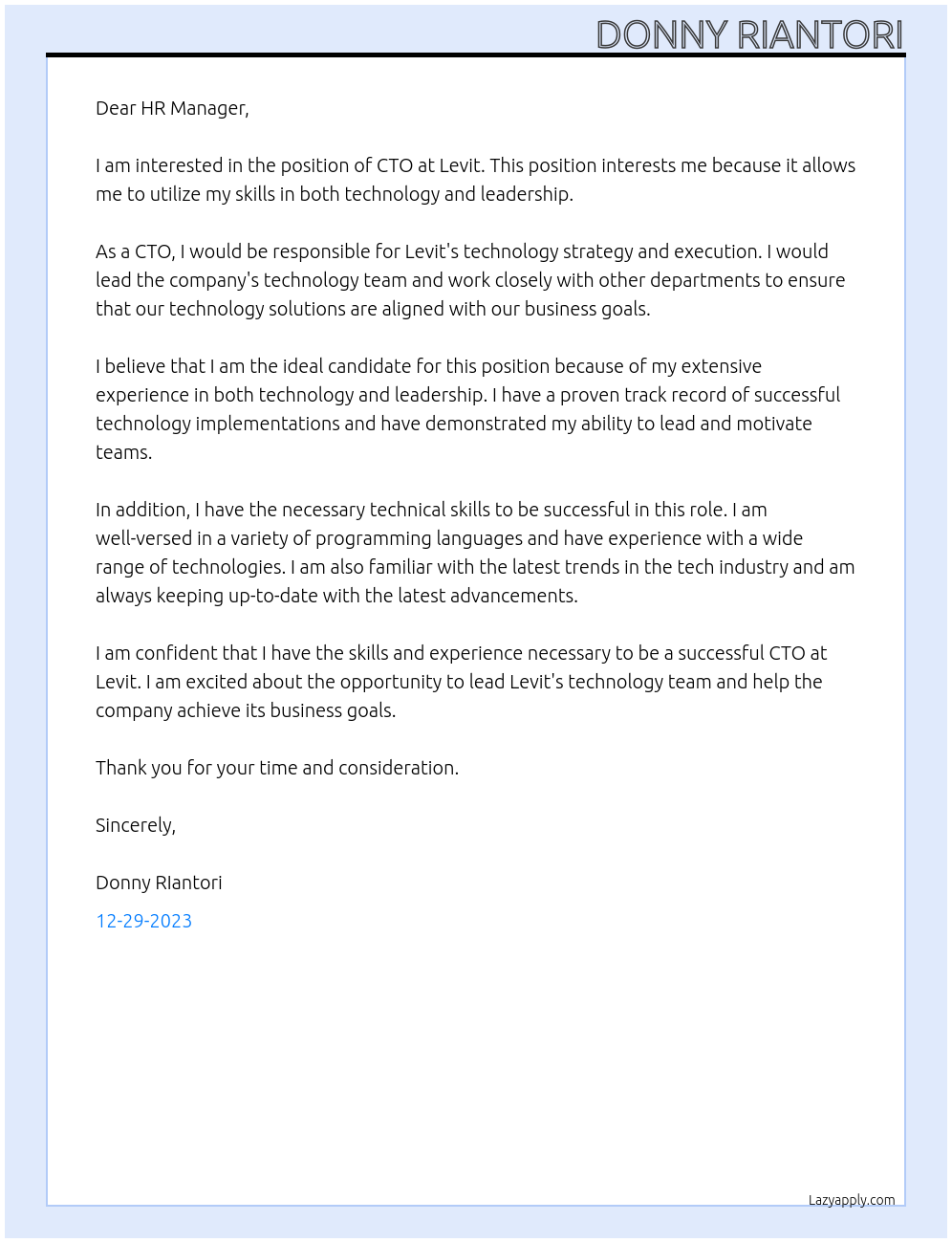 CTO At Levit Cover Letter