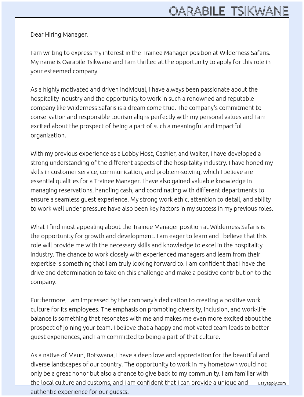 Trainee manager At Wilderness Safaris Cover Letter