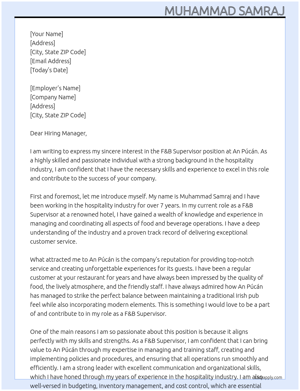 F&B Supervisor At An Púcán Cover Letter