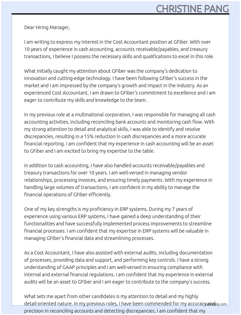 Cost Accountant At GFiber Cover Letter