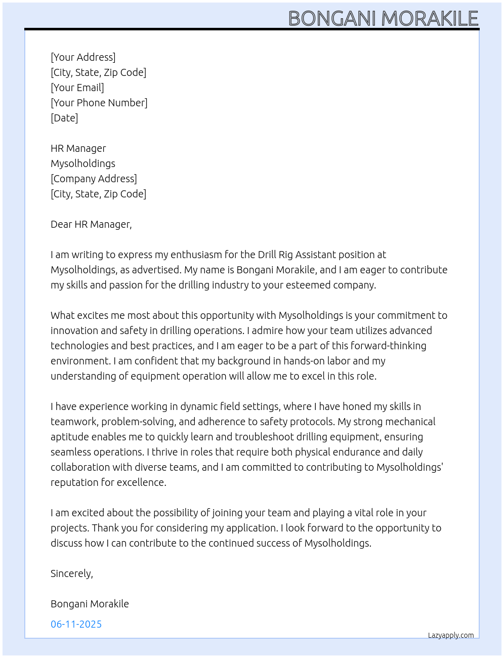 Cover letter for drill rig assistant - LazyApply
