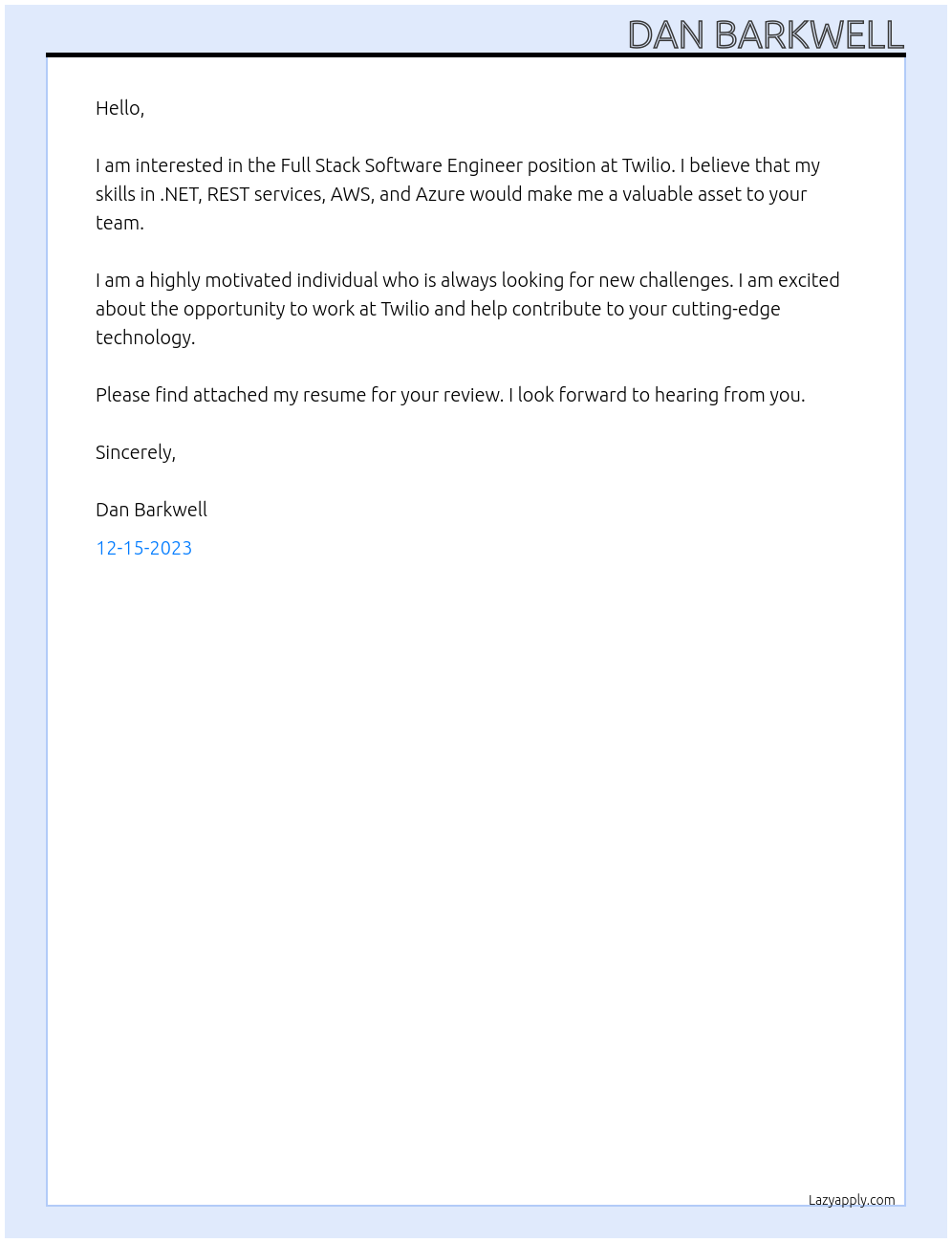 Full Stack Software Engineer At Twilio Cover Letter