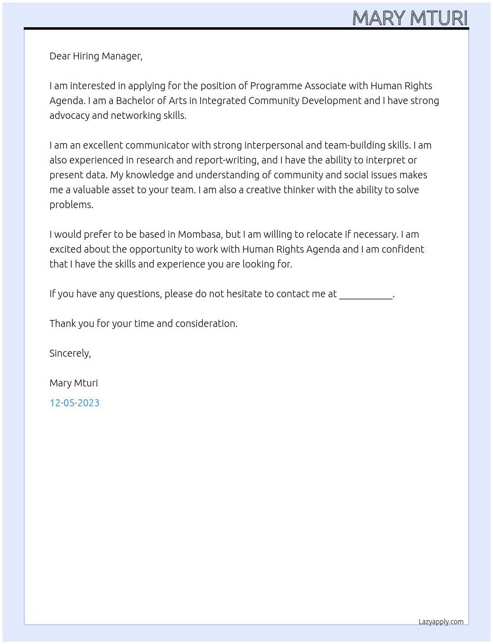 Programme Associate At Human Rights Agenda Cover Letter