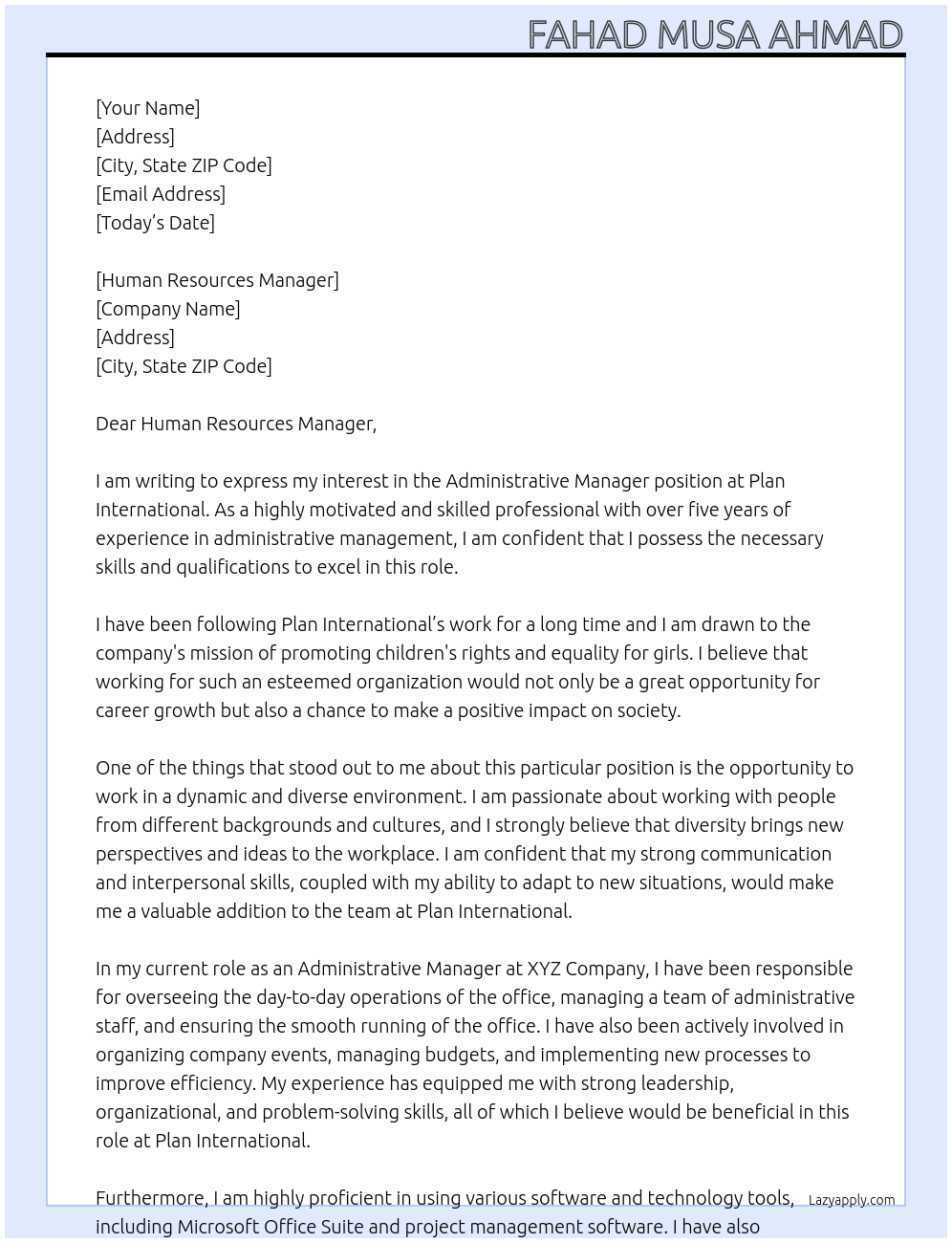 Administrative Manager At Plan International Cover Letter