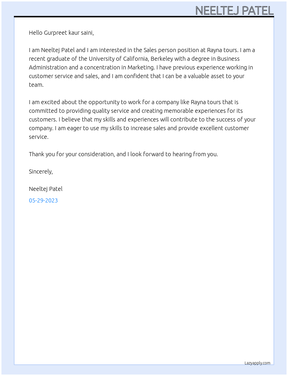 Sales person At Rayna tours Cover Letter