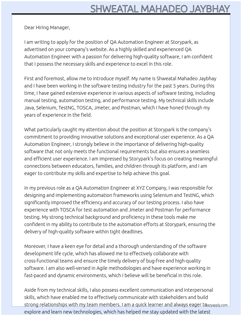 QA Automation Engineer At Storypark Cover Letter