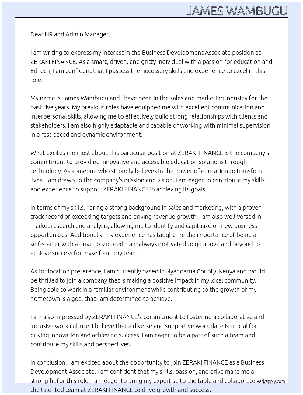 Business Development Associate At ZERAKI FINANCE Cover Letter