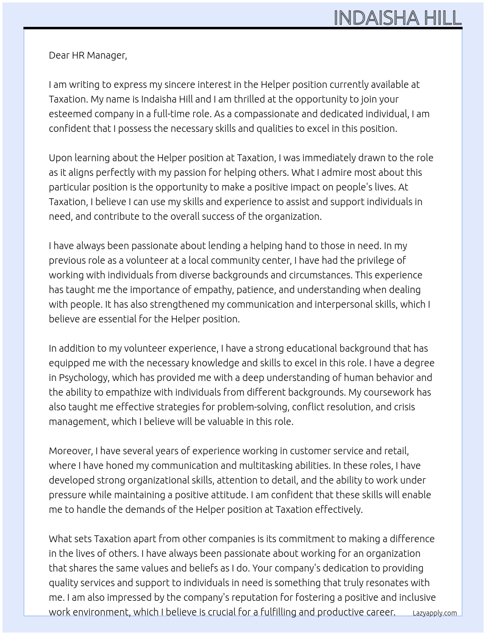 Helper At Taxation Cover Letter