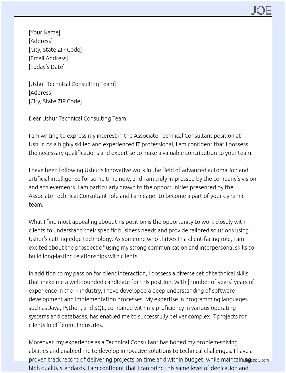 Associate Technical Consultant At Ushur Cover Letter