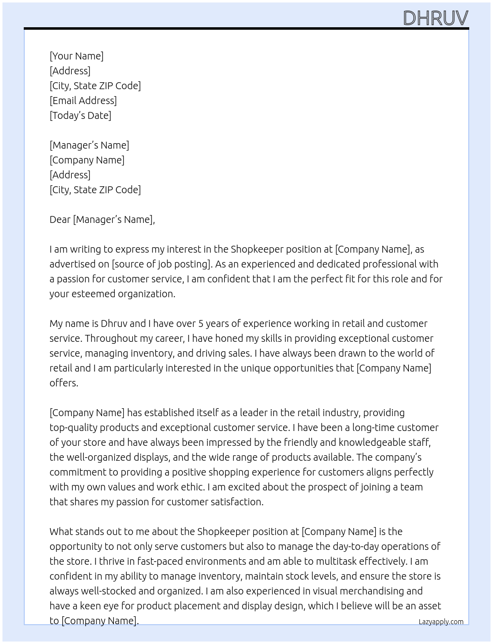 Shopkeeper At store Cover Letter