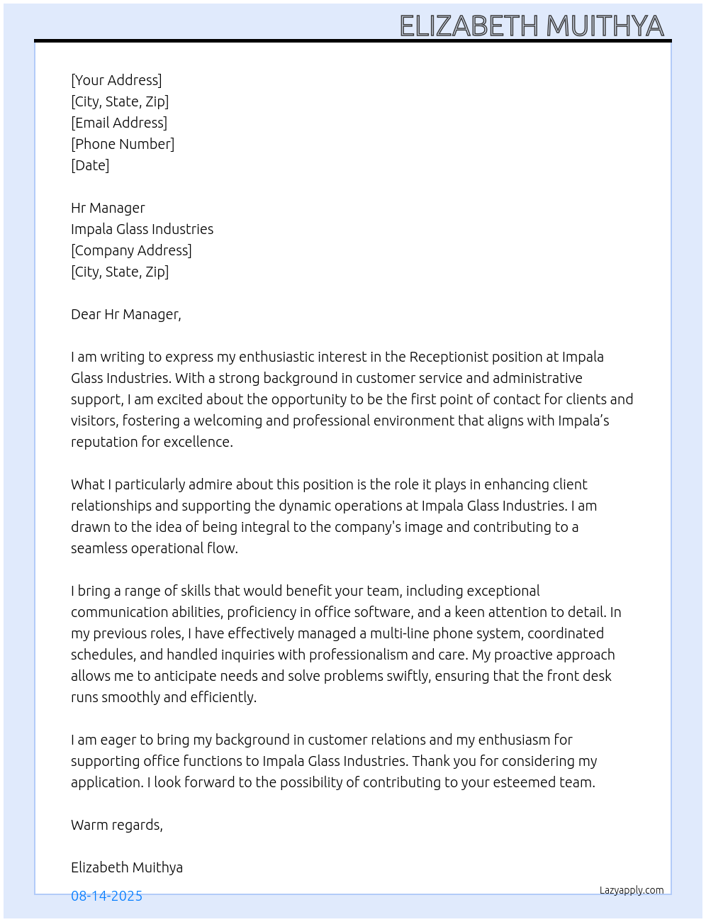 Receptionist At Impala Glass Industries Cover Letter