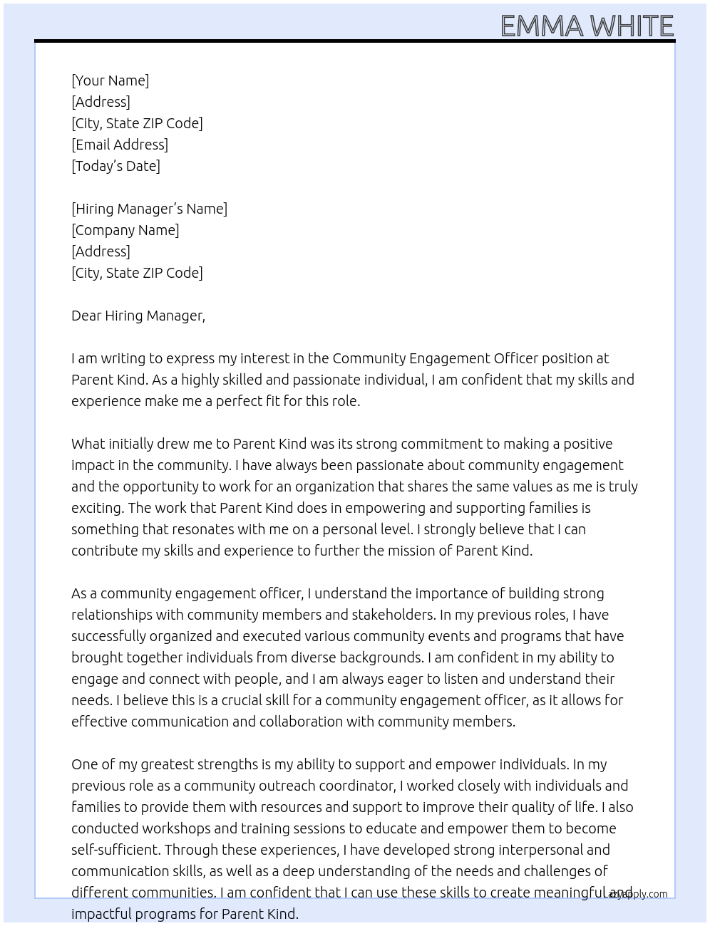 Community engagement officer   At parent kind Cover Letter