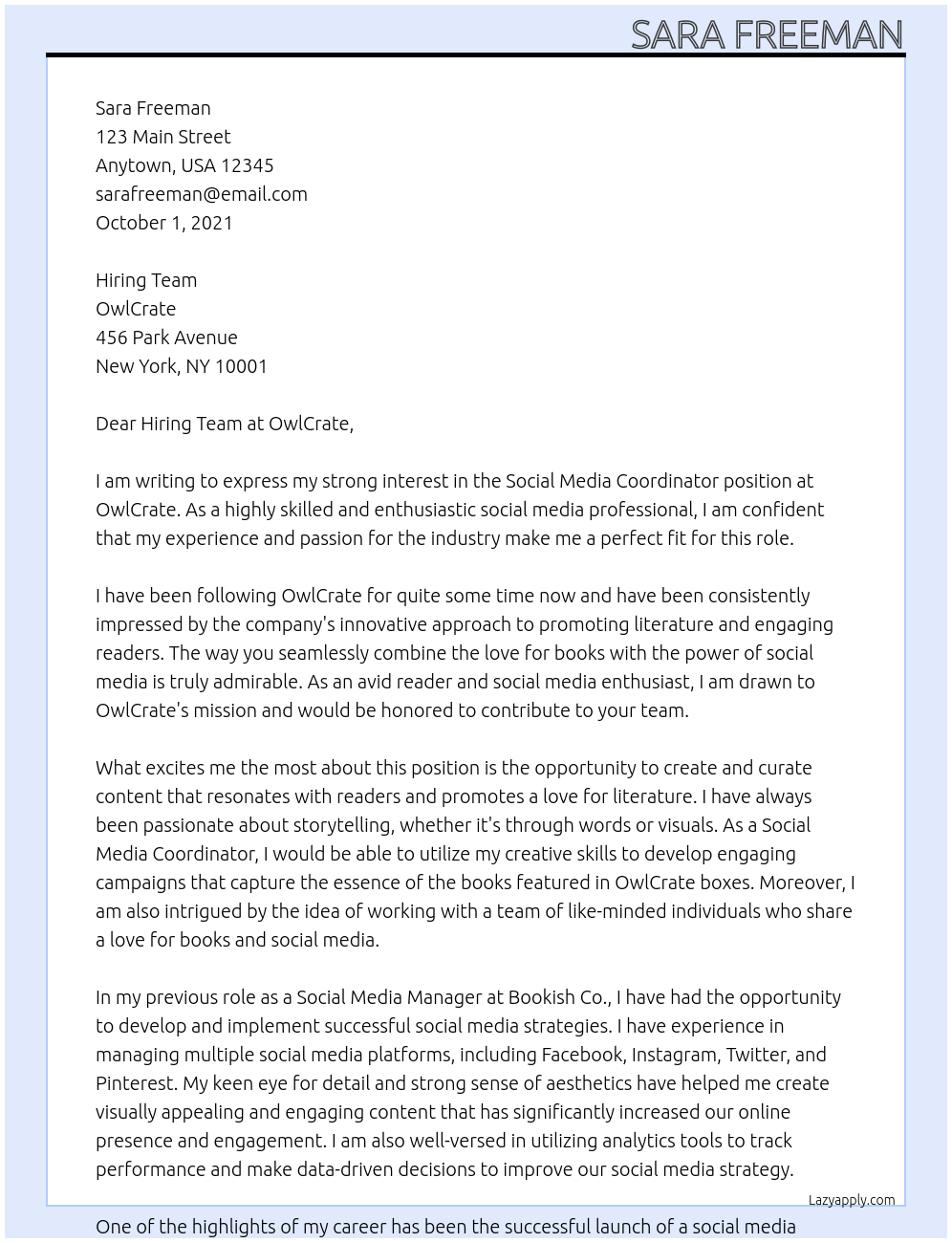 Social Media Coordinator At OwlCrate Cover Letter