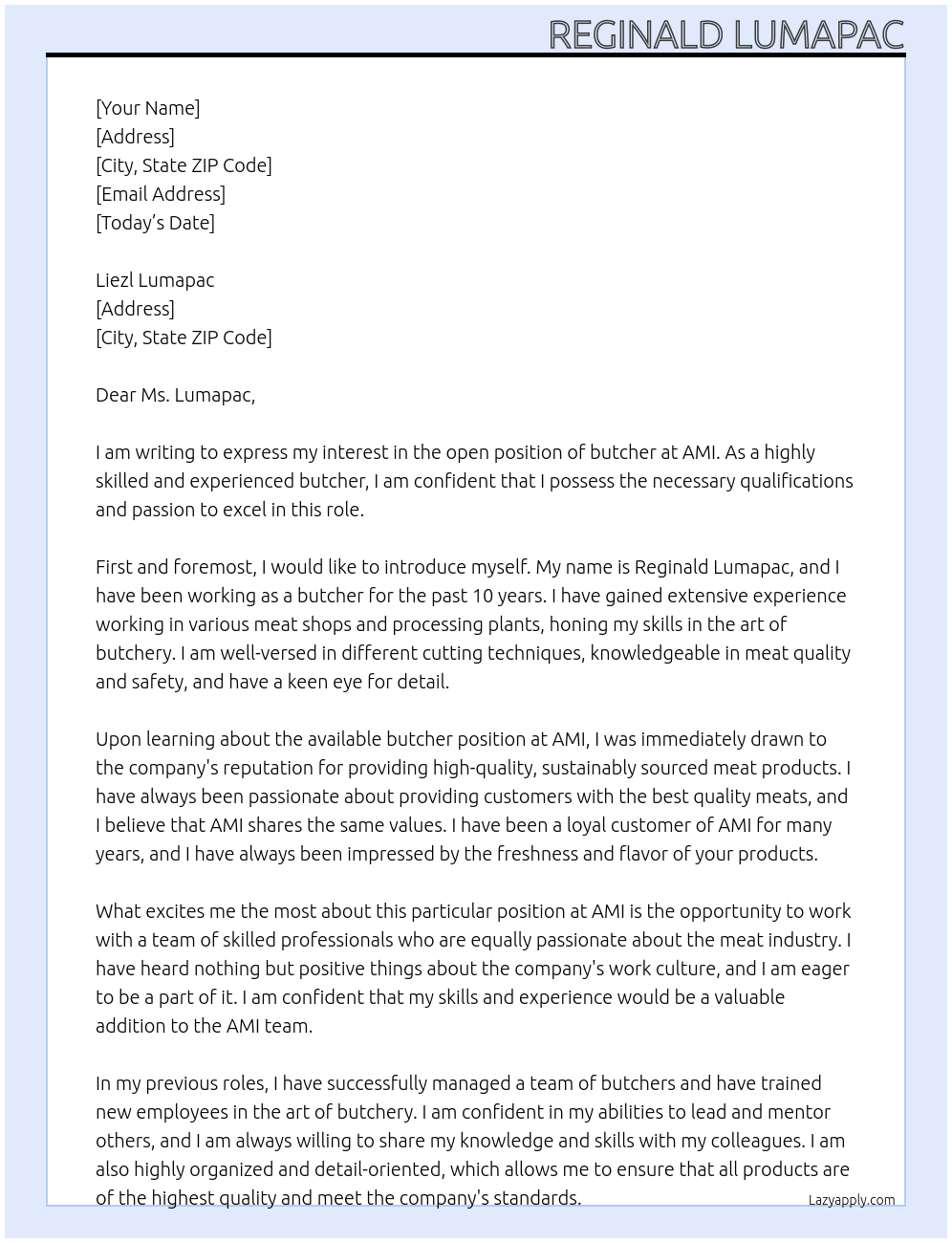 butcher At AMI Cover Letter