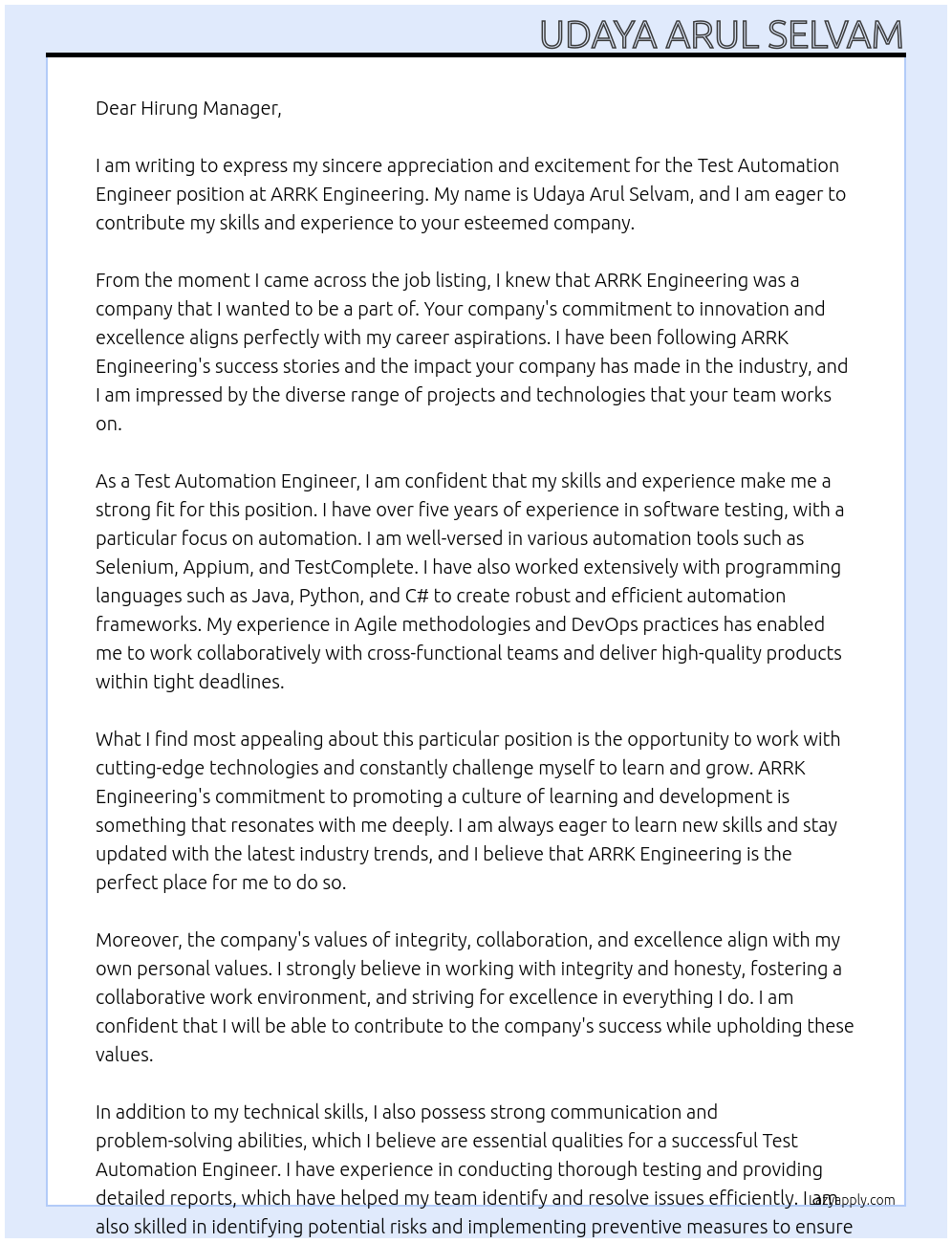 Test Automation Engineer At ARRK Engineering Cover Letter