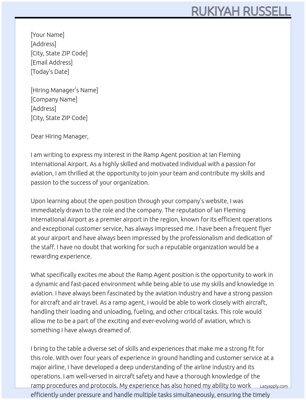 Ramp Agent At Ian Fleming International Airport Cover Letter