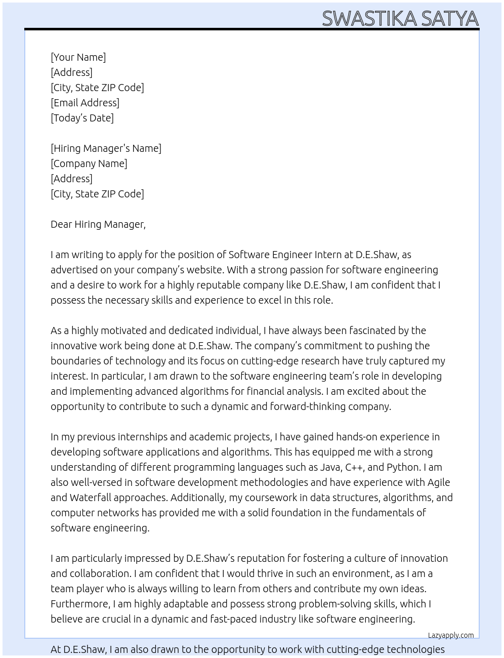 Software Engineer Intern At  D.E.Shaw Cover Letter