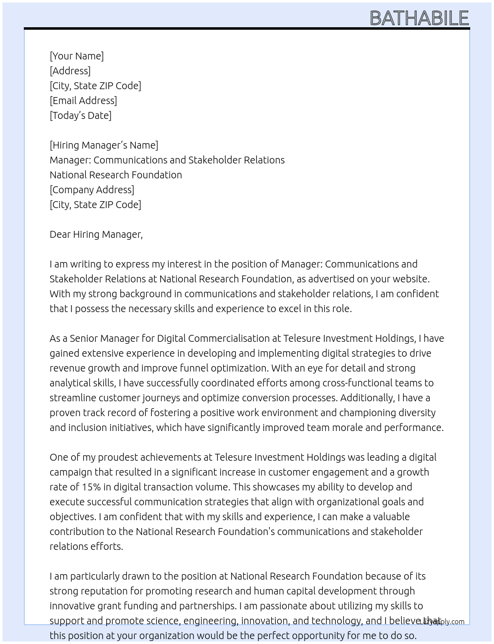 Cover letter for manager: communications and stakeholder relations a - LazyApply