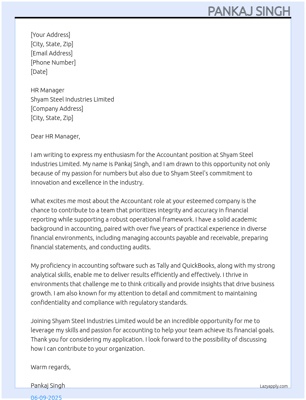 ACCOUNTANT  At SHYAM STEEL INDUSTRIES LIMITED  Cover Letter