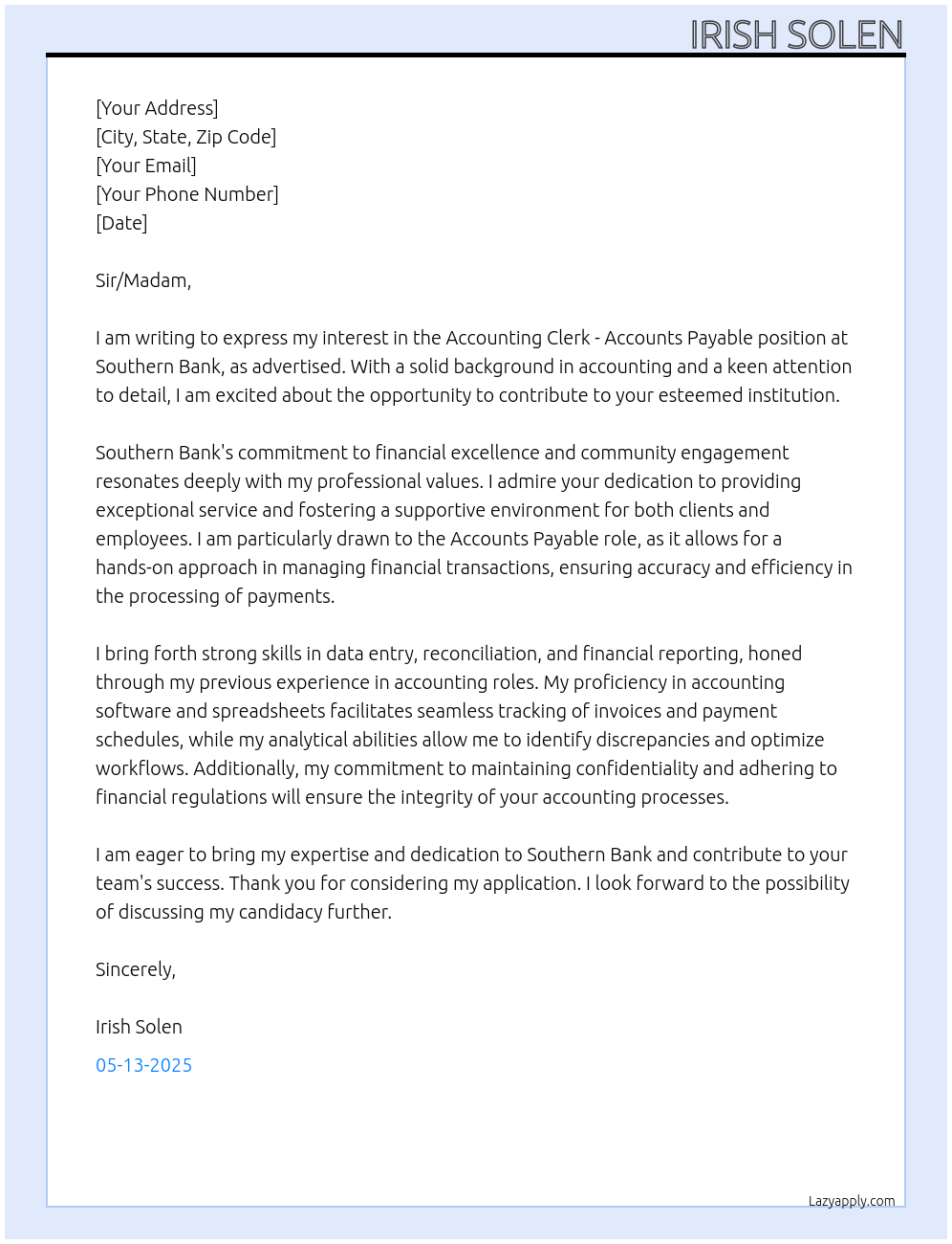 Cover letter for accounting clerk- accounts payable - LazyApply