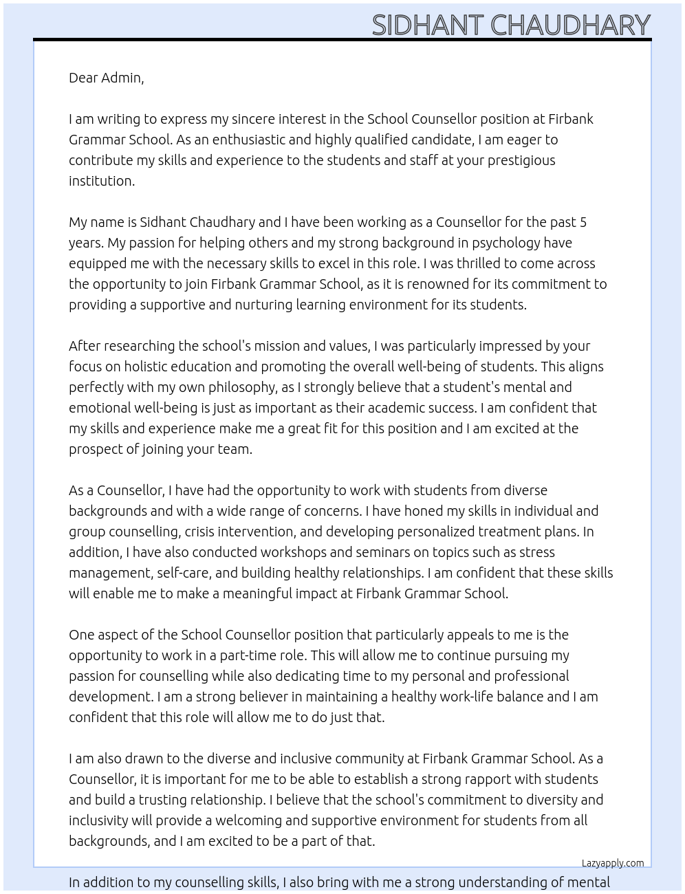 School Counsellor At Firbank Grammar School Cover Letter