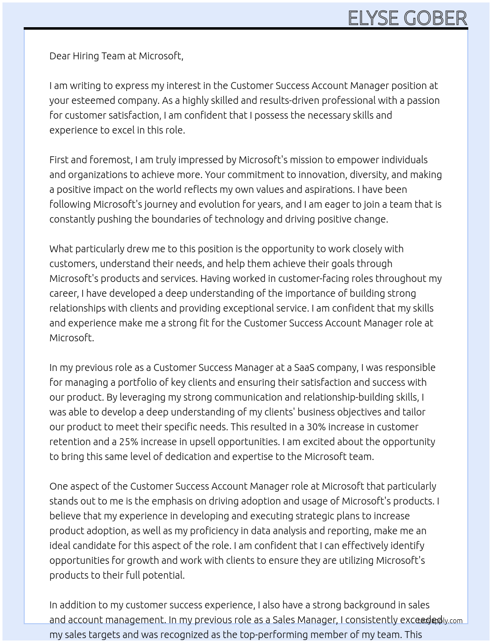 Customer Success Account Manager At microsoft Cover Letter