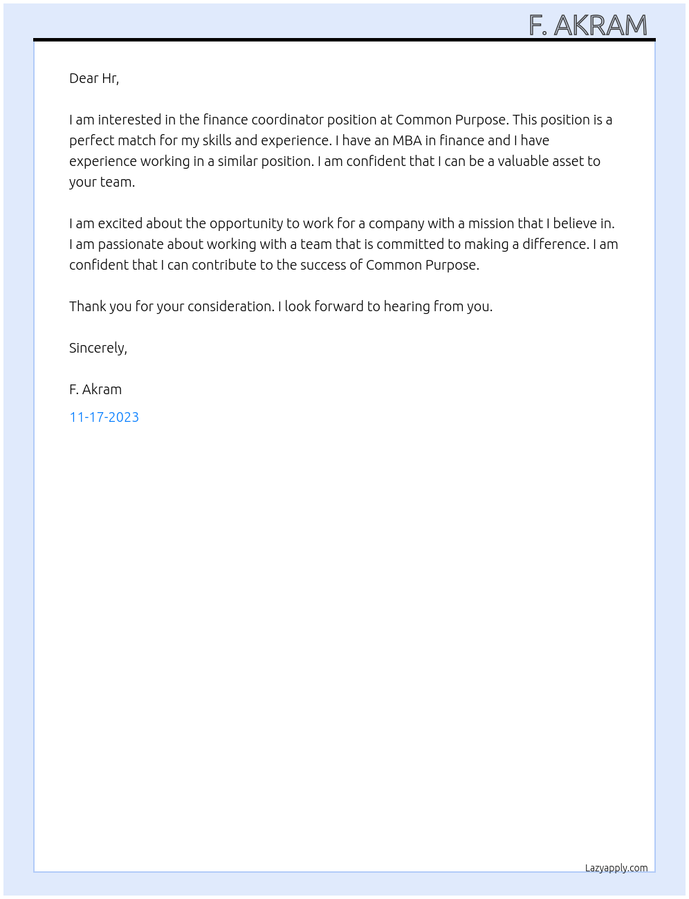 Finance coordinator  At Common purpose  Cover Letter