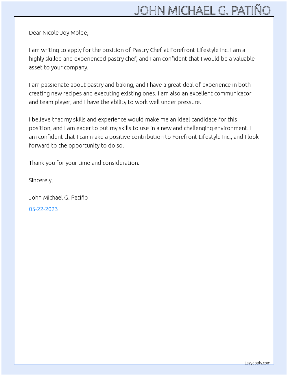 Pastry chef At Forefront Lifestyle Inc. Cover Letter