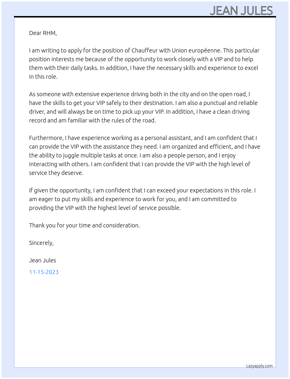 Chauffeur At Union européenne Cover Letter