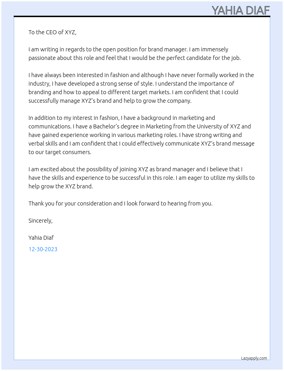 Brand manager At XYZ Cover Letter