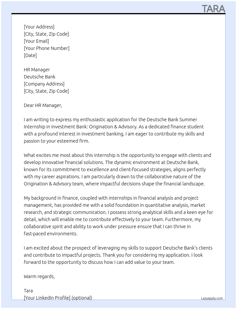 Deutsche Bank Summer Internship - Investment Bank: Origination & Advisory At Deutsche Bank Cover Letter